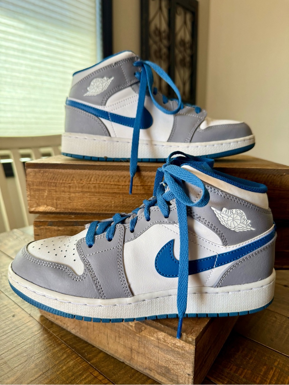 Nike Air Jordan Mid-High Sneakers in White, Gray & Blue